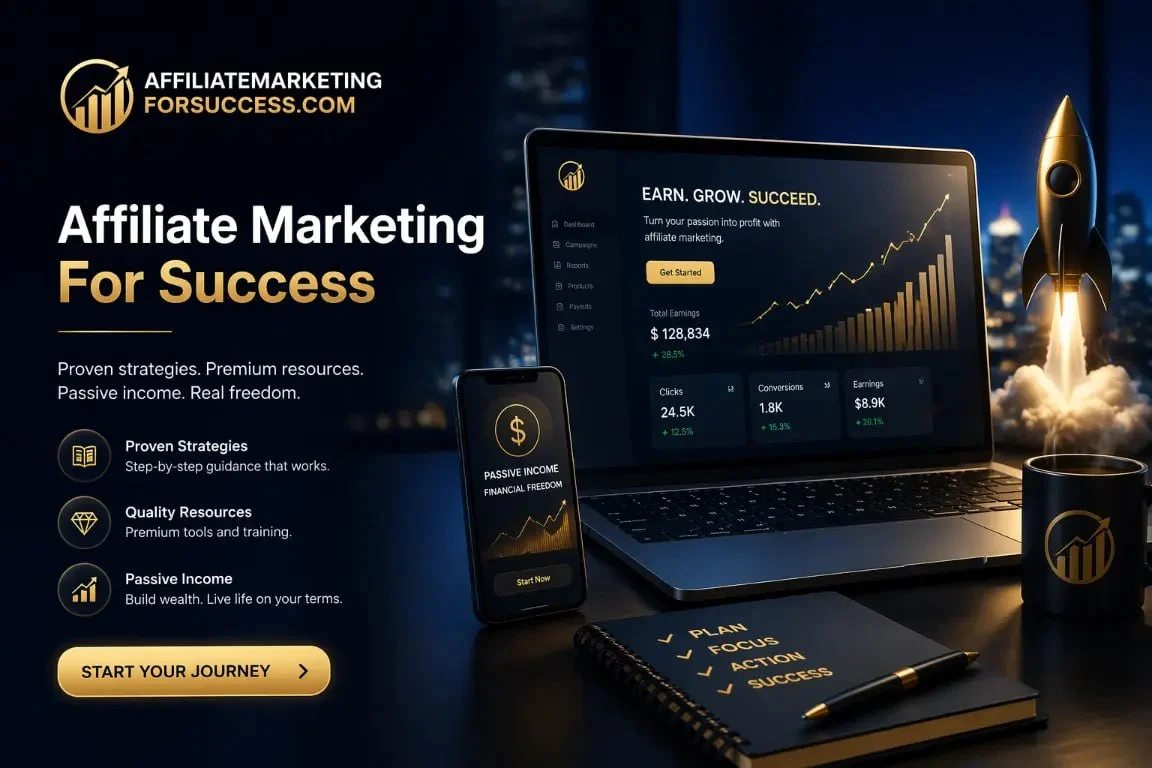 Premium affiliate marketing hero graphic with laptop dashboard, passive income phone screen, success notebook, rocket, and black gold branding