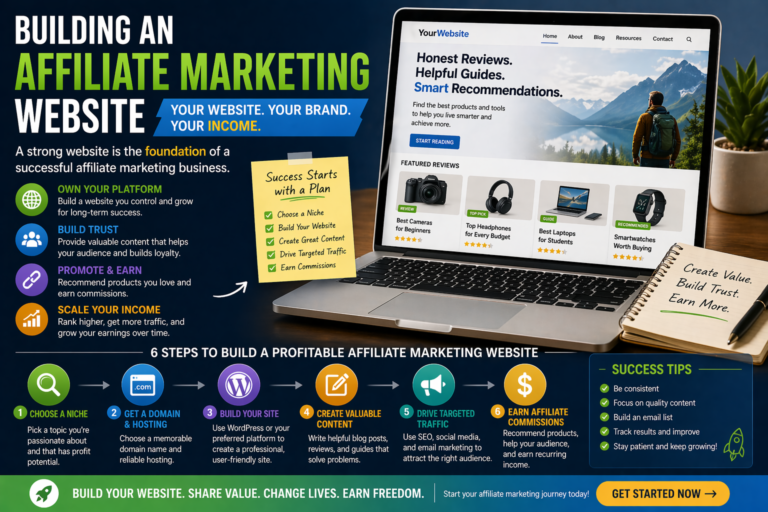 Affiliate website build illustration with website wireframe, niche, content, plugin, monetization icons, and a launch checklist