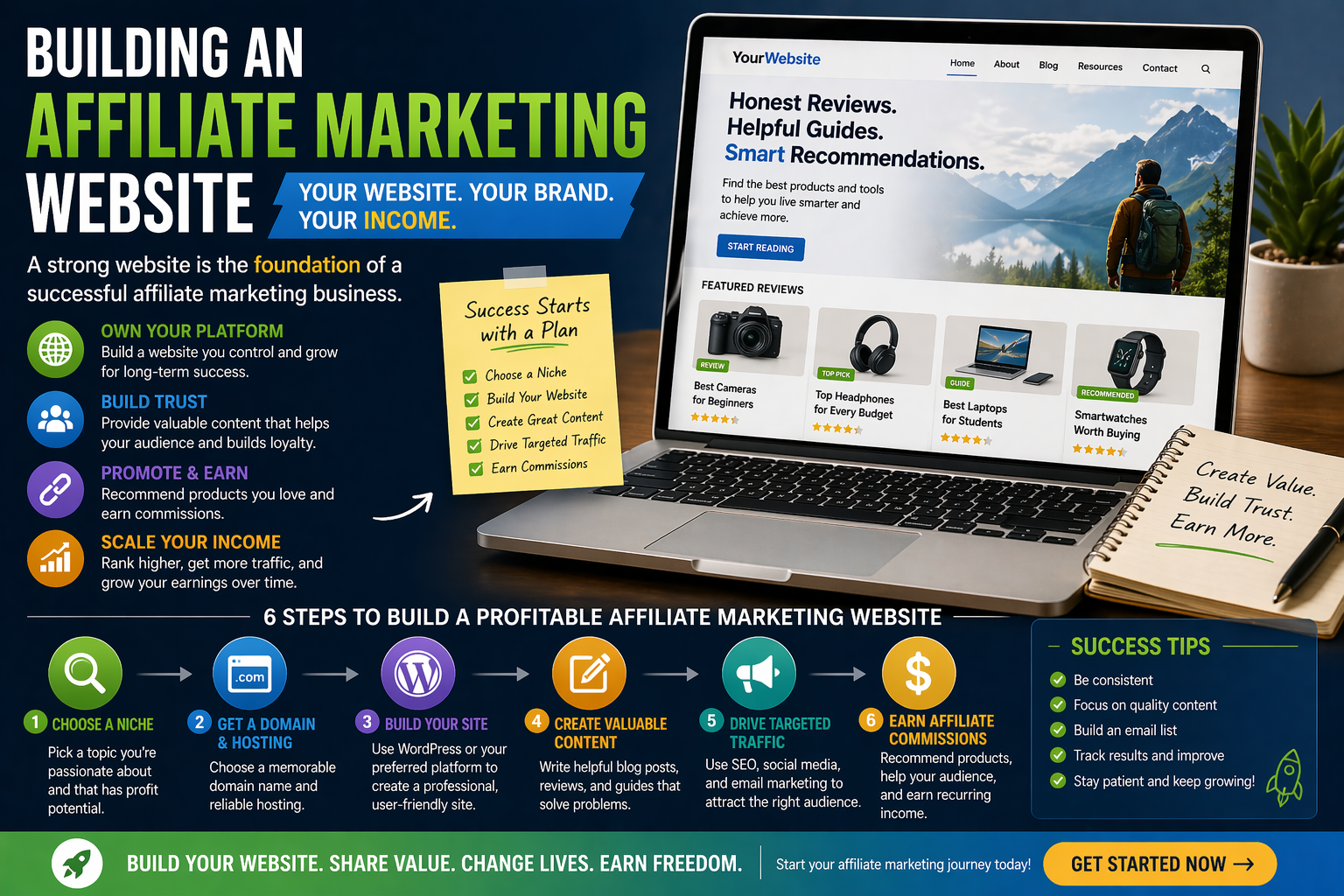 Affiliate website build illustration with website wireframe, niche, content, plugin, monetization icons, and a launch checklist