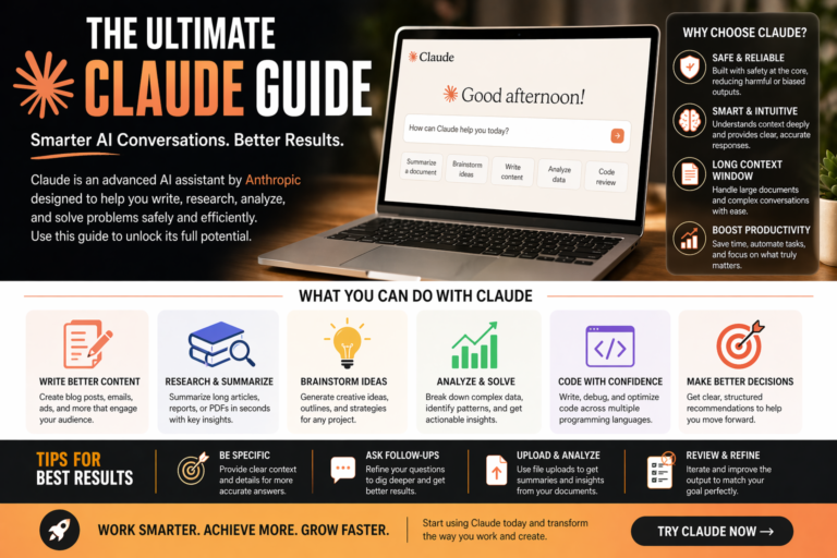 Claude AI guide illustration with chat interface, prompt workflow cards, and content and research automation elements