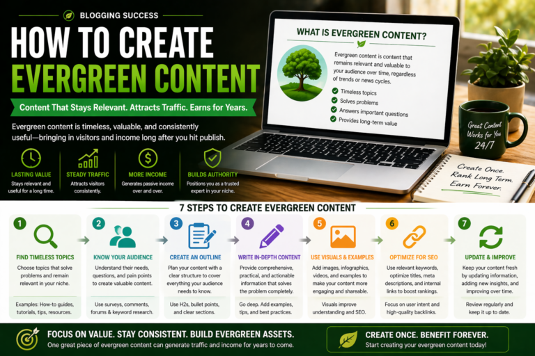 Evergreen content process illustration with article page, refresh arrows, traffic graph, and keyword research visuals for long-term rankings