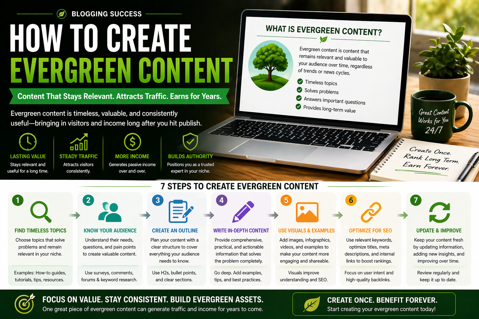 Evergreen content process illustration with article page, refresh arrows, traffic graph, and keyword research visuals for long-term rankings