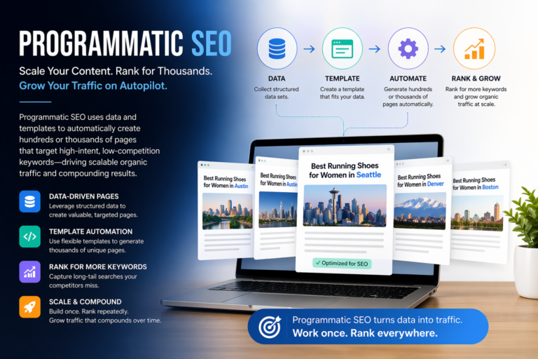 Programmatic SEO workflow illustration with laptop, templated landing page grid, spreadsheet data feed, and analytics overlay for scaling affiliate content