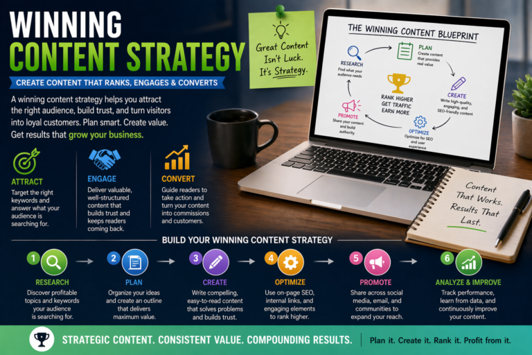 Content strategy blueprint illustration with editorial calendar, keyword map, blog post clusters, and publishing workflow visuals