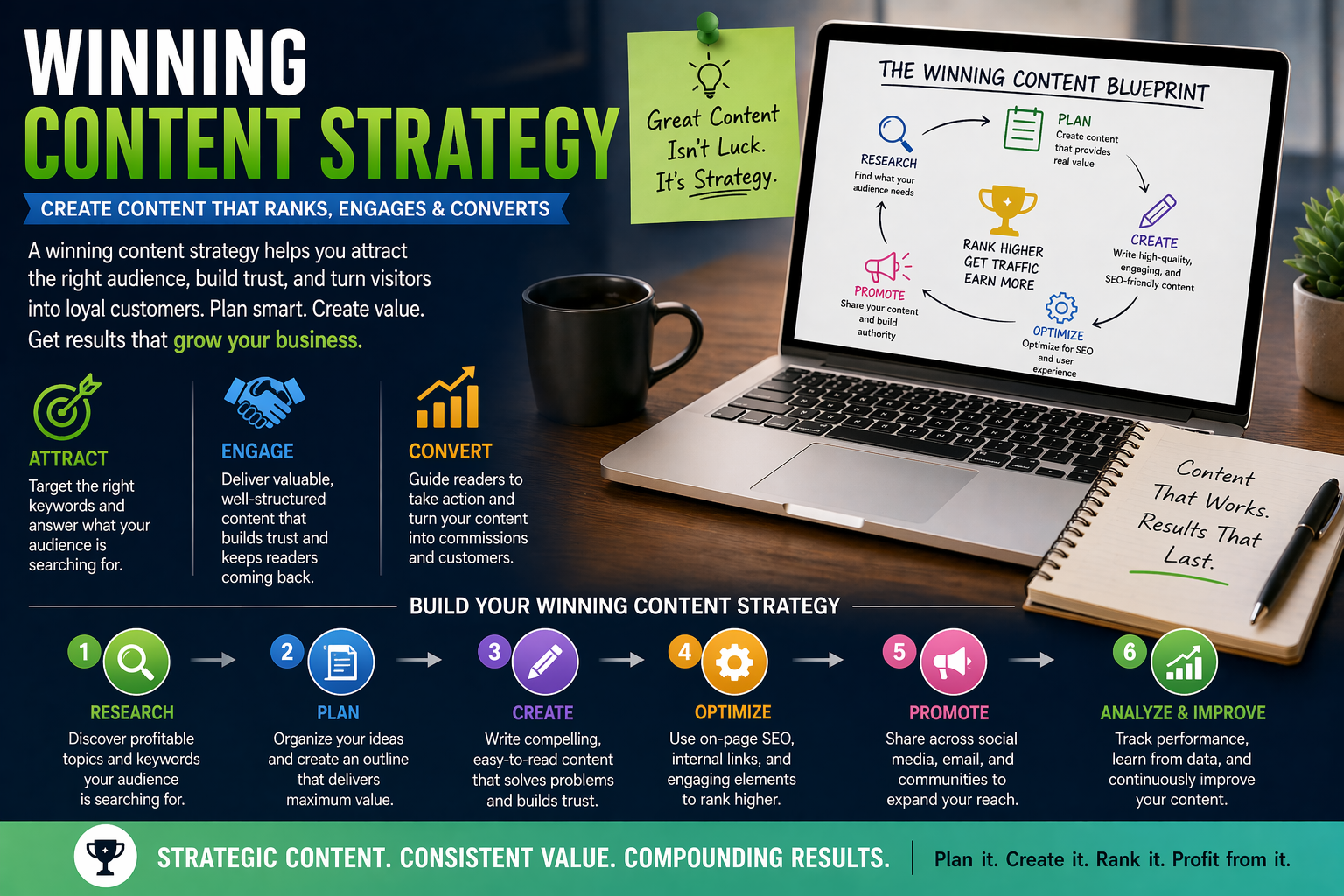 Content strategy blueprint showing editorial calendar, keyword clusters, and publishing workflow