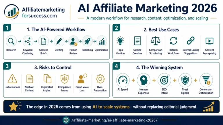AI Affiliate Marketing: Strategies for Traffic, Trust, and Conversions featured infographic image