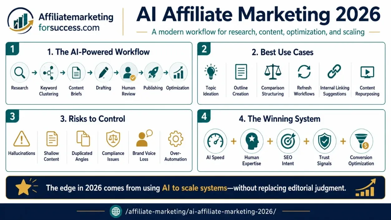 AI Affiliate Marketing: Strategies for Traffic, Trust, and Conversions featured infographic image