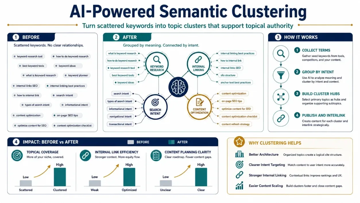 AI Semantic Clustering: Dominate Search & Affiliate Commissions featured infographic image