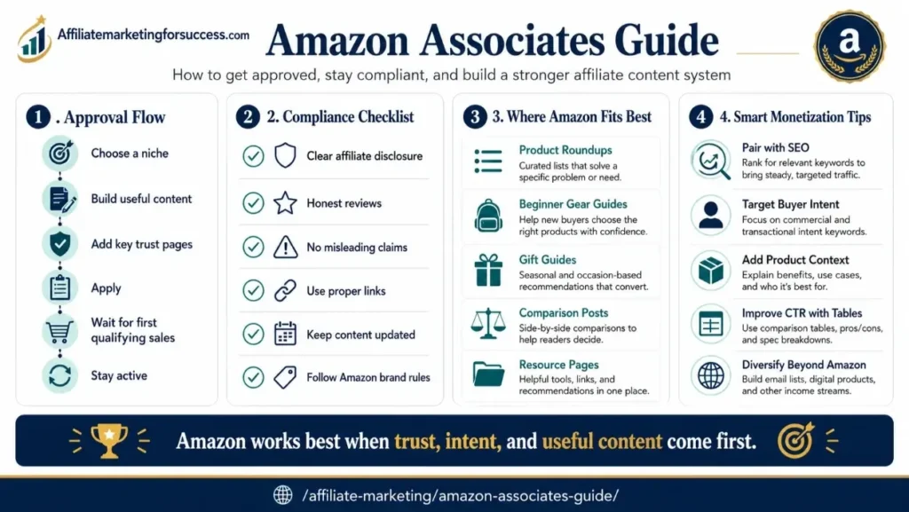 Amazon Associates Guide: Approval, Compliance, and SEO Strategy featured infographic image
