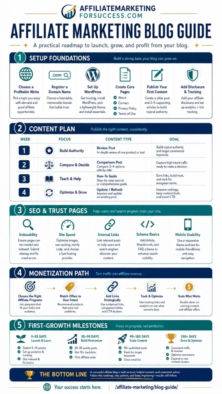 Affiliate marketing blog guide: start, rank, and monetize without wasting content vertical infographic summary