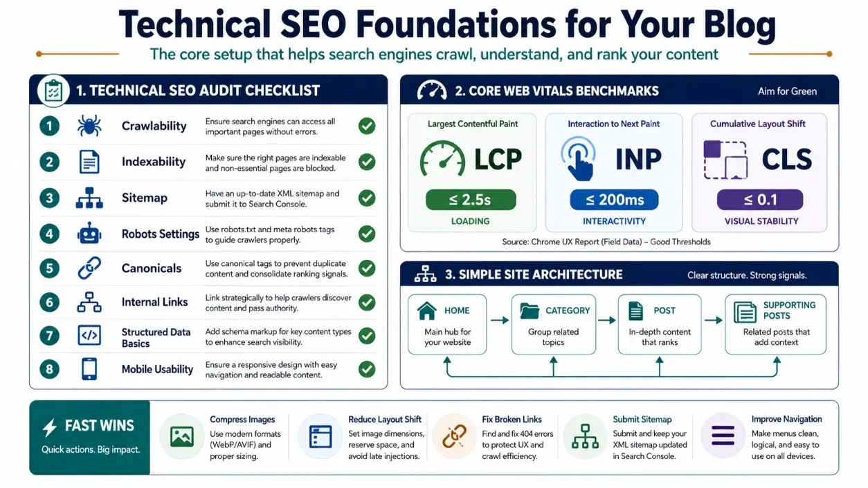 Technical SEO Foundations for a Blog: 2026 Setup Checklist featured infographic image