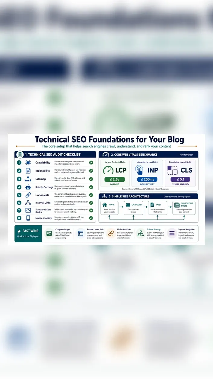 Technical SEO Foundations for a Blog: 2026 Setup Checklist vertical infographic summary