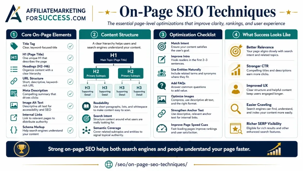 On-Page SEO for Affiliate Sites: The Practical Checklist for Rankings, Revenue, and AI Answers featured infographic image