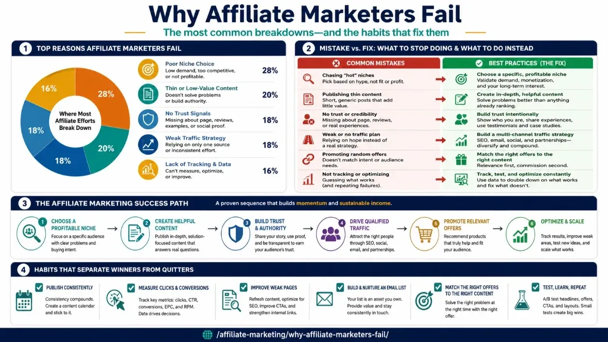 7 Hard Truths Why 95% of Affiliate Marketers Fail [2026] featured infographic image